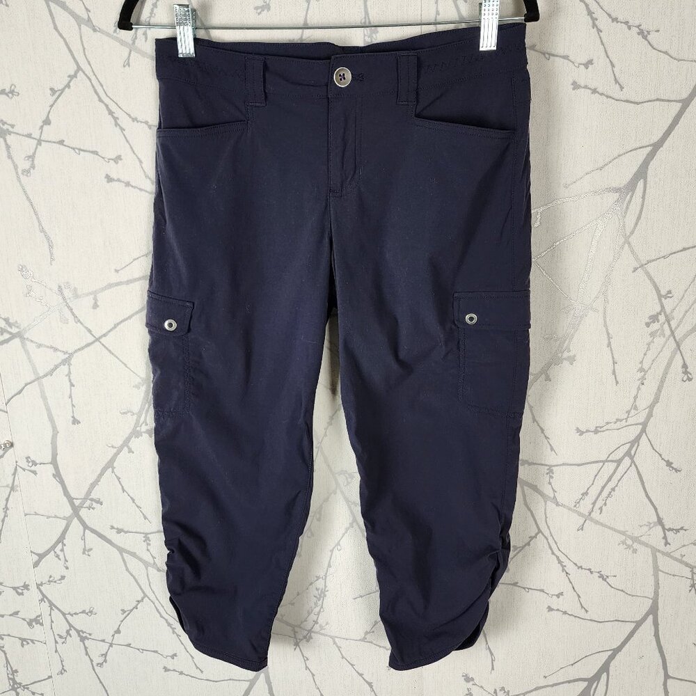 Eddie Bauer Travex Navy Stretch Mid Rise Ruched Cargo Capris